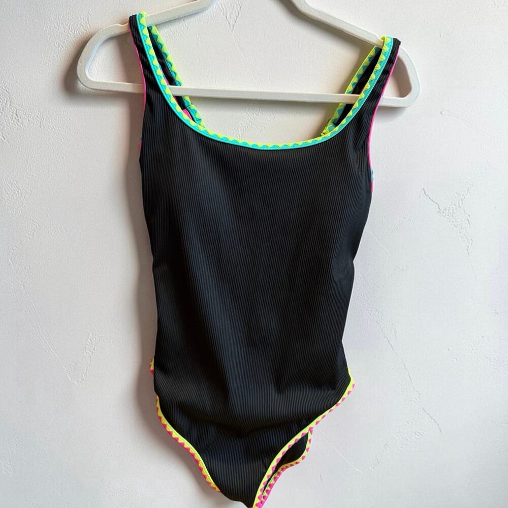 DRAFT Popvil Black and Neon One Piece Swimsuit Medium